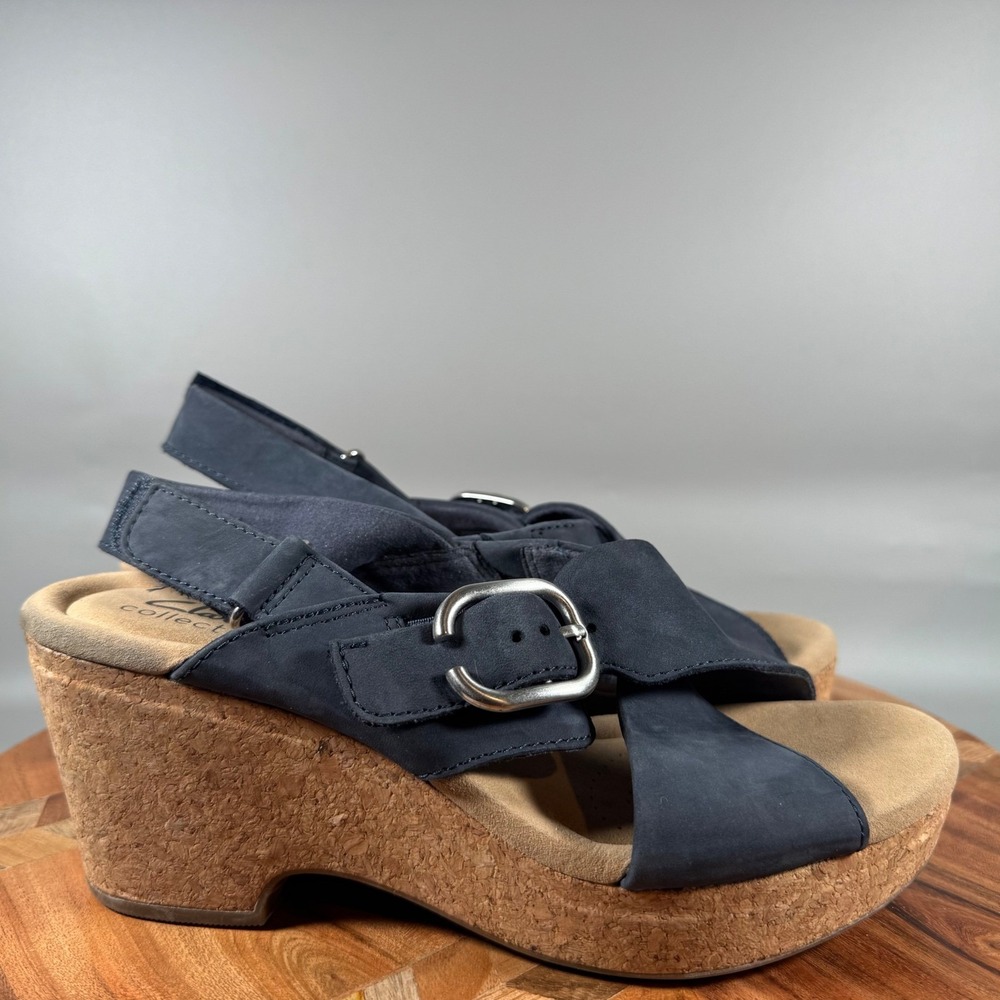 Clarks Collection Womens 7 Navy Blue Nubuck Cork Wedge Platform Sandals 26177146